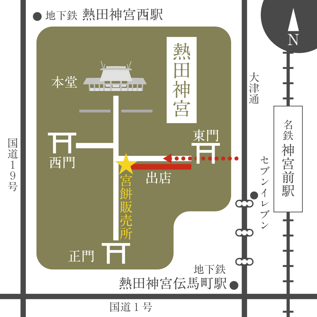 朔日市が熱田神宮の東門から佐久間灯篭付近にて開催されますという地図