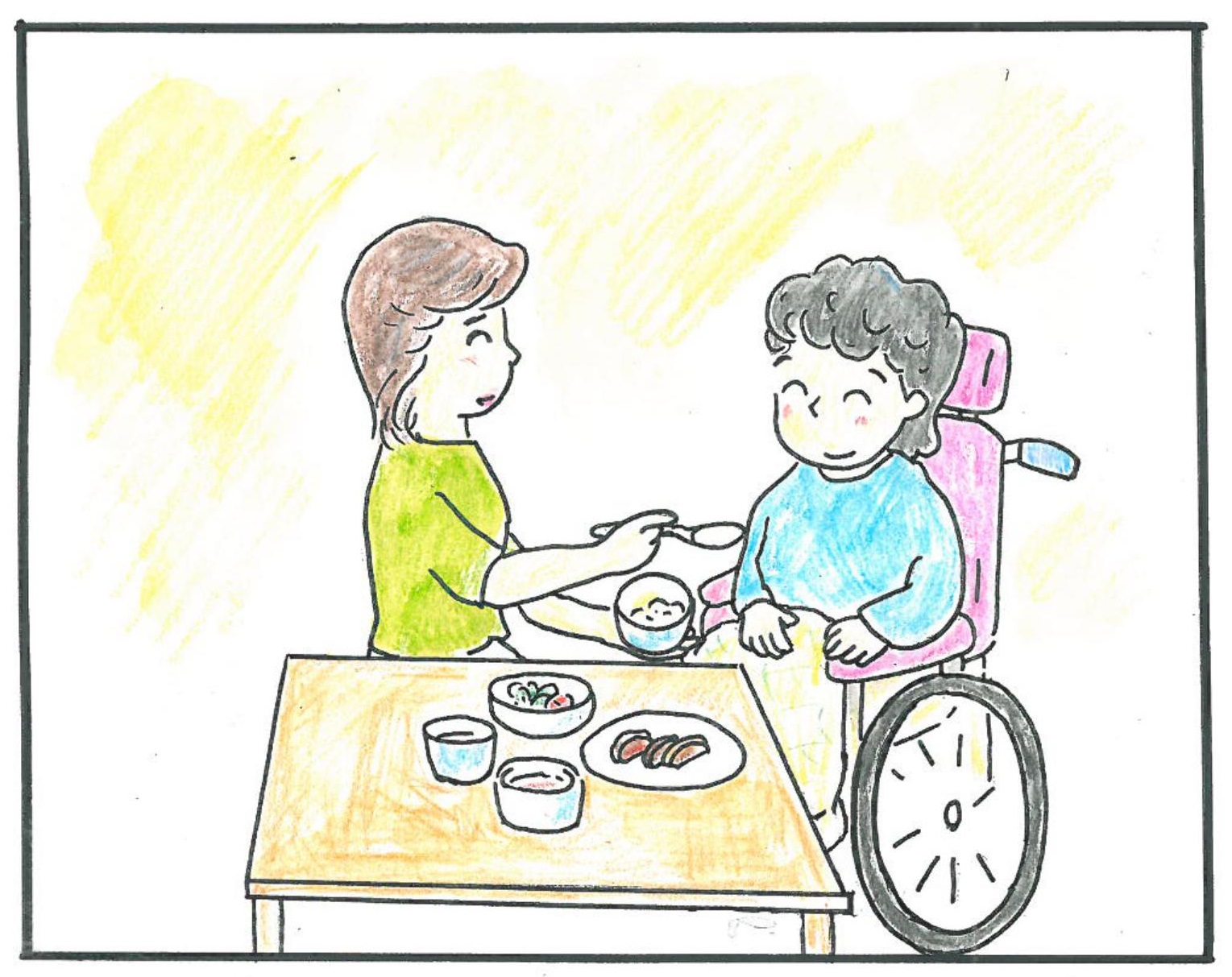 重度の車椅子利用者に食事介助している様子